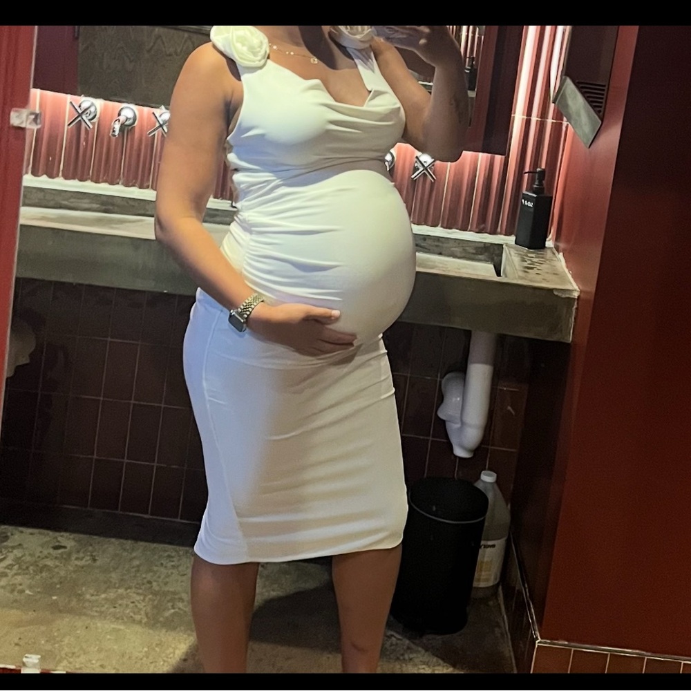 ClublLondon white cowl neck maternity midi dress with flowers. Only worn once